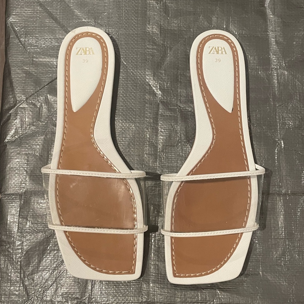 Zara White and Brown Minimalist Sandals - New